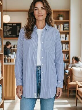 Jill McGowan blue seersucker button down shirt tunic Large